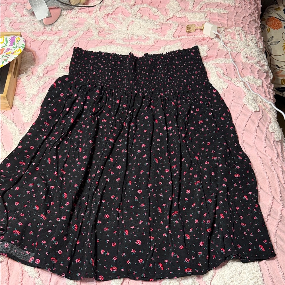 Black Floral Smocked-Waist Midi Dress